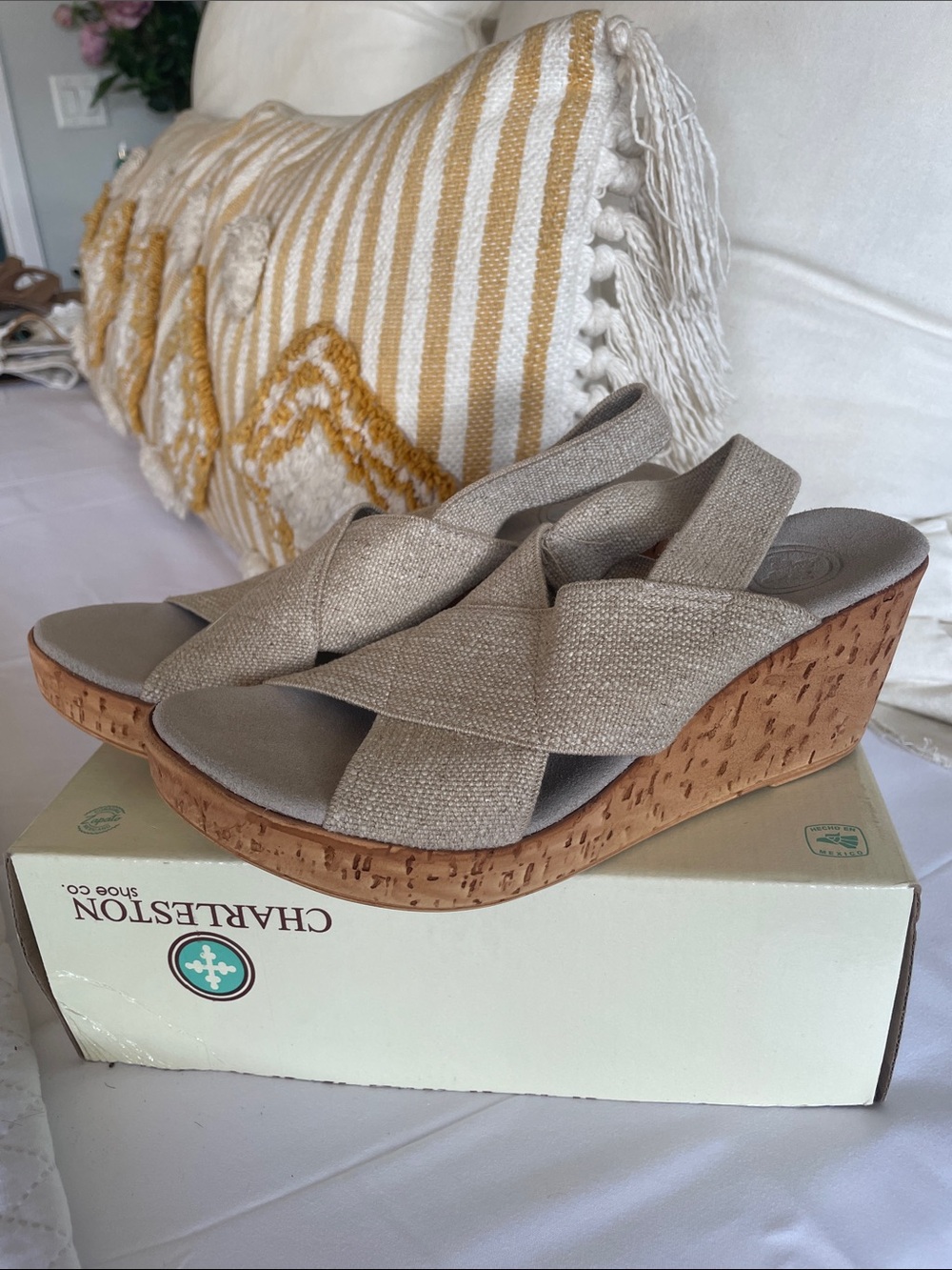 CHARLESTON SHOE CO. Neutral Taupe Crisscross Cork Wedges